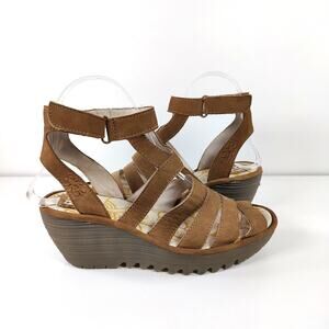 Fly London Yeba 895 Leather Strappy Wedge Sandals Tan EU 37 US 6.5-7 Comfort